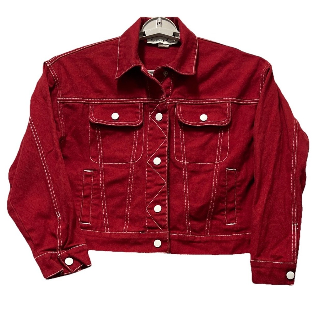 Madeline & Monroe Women's Red Denim Jacket w/ White Snap Buttons/Trim Size SM